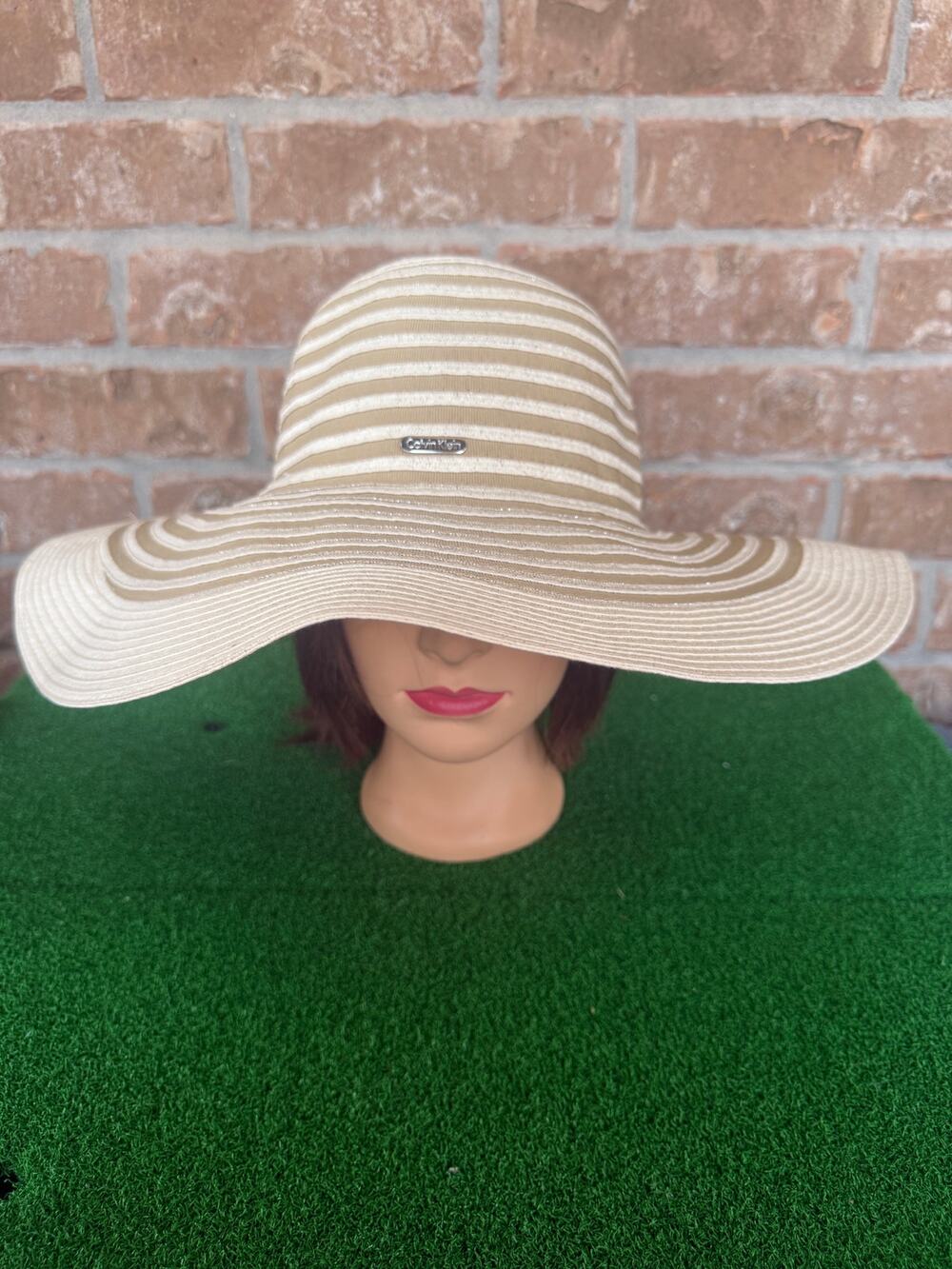 Womens Calvin Klein Sun Hat Wide Brim Floppy Beige Striped Beach Resort